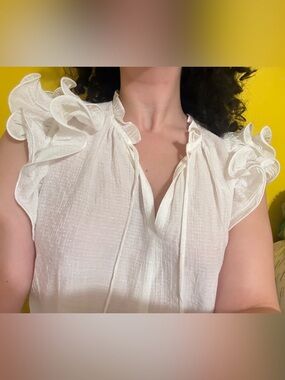 Current Air Los Angeles - White Ruffle Sleeve With Self Tie Split Neck